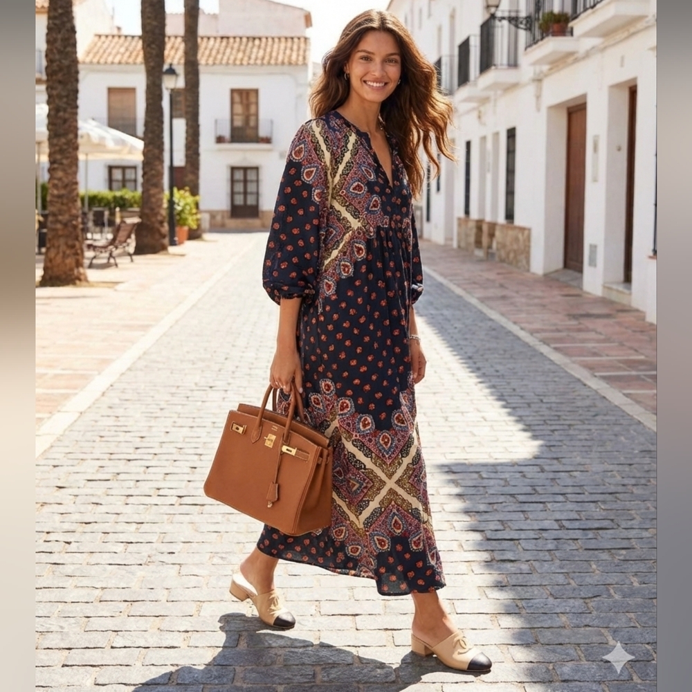 BA$SH Jorgina Midi Shirt Dress Blue Print Size 10/12